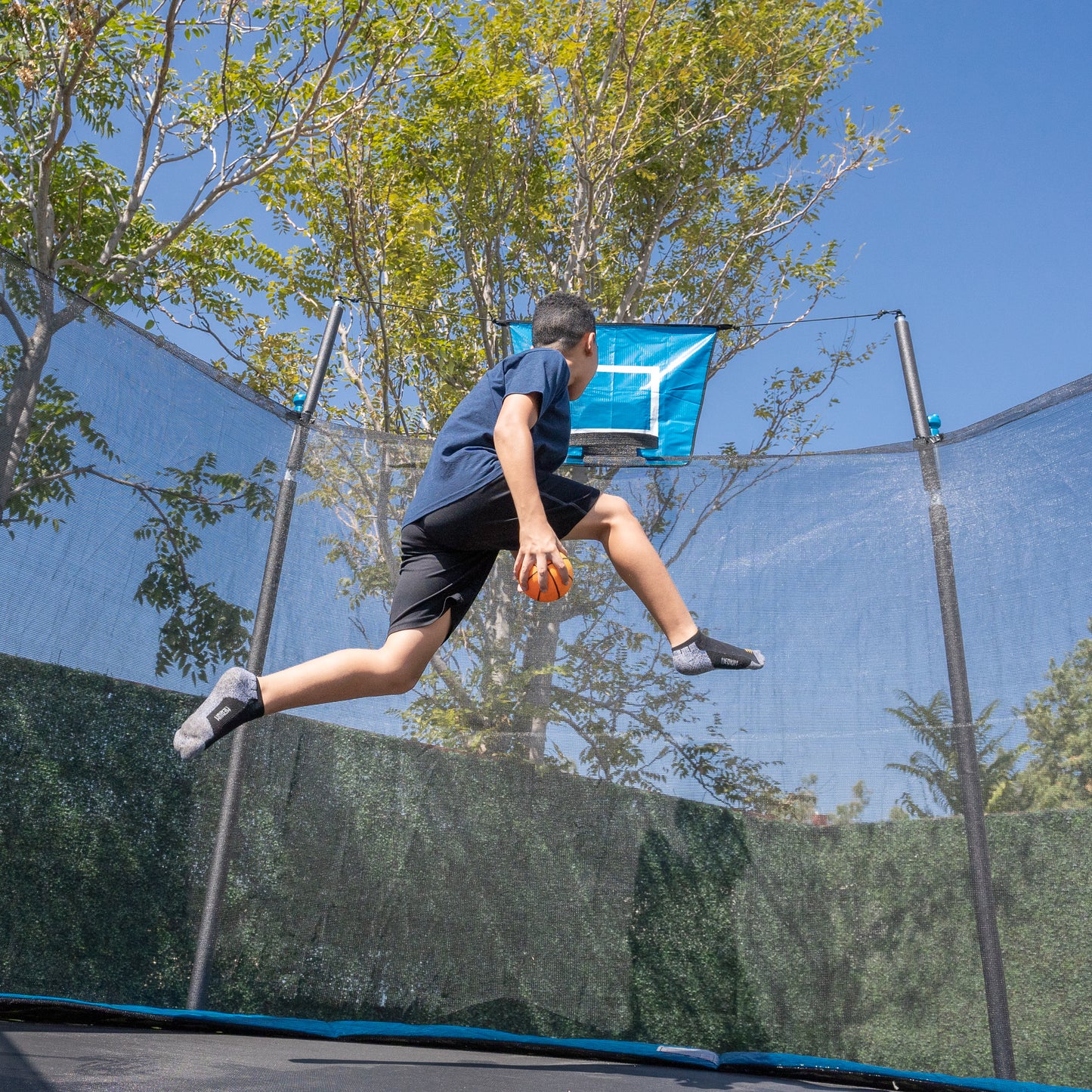Sportspower Bounce Pro 14' Round Trampoline with Skyslam Basketball Station and Safety-Enclosure in Blue and Silver