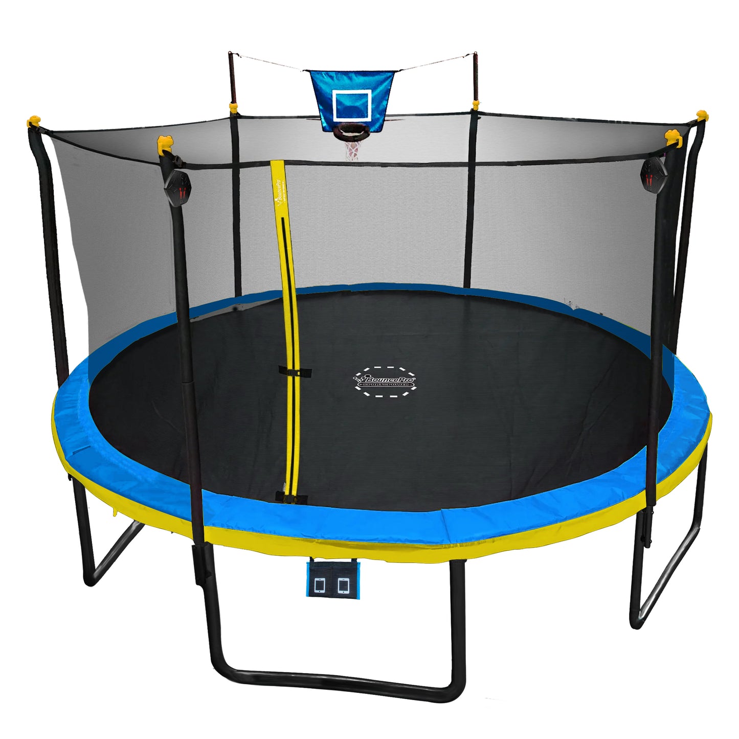 Sportspower Bounce Pro 12ft Multiplay Trampoline & Enclosure with Basketball, Electron Shooter Game, Flash Light Zone Features, Painted Legs & Phone Pouch
