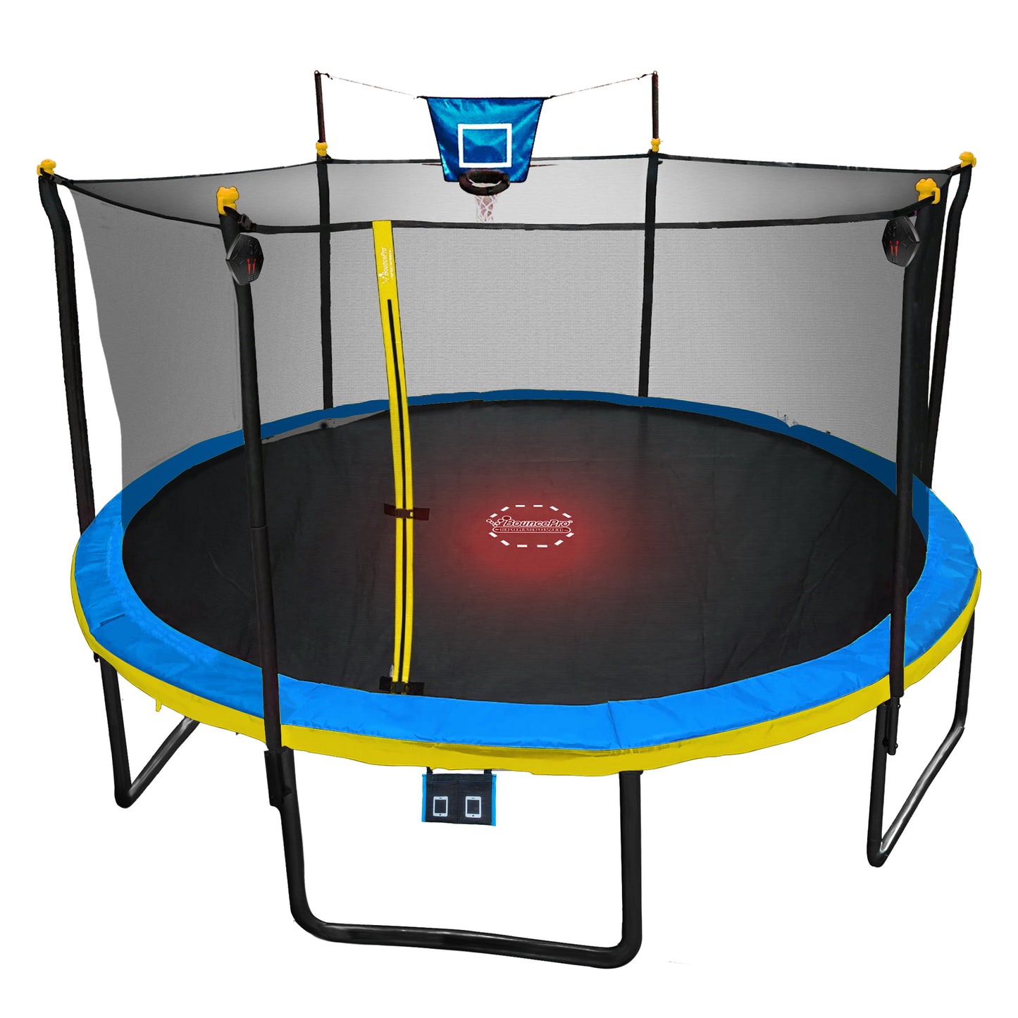Sportspower Bounce Pro 12ft Multiplay Trampoline & Enclosure with Basketball, Electron Shooter Game, Flash Light Zone Features, Painted Legs & Phone Pouch