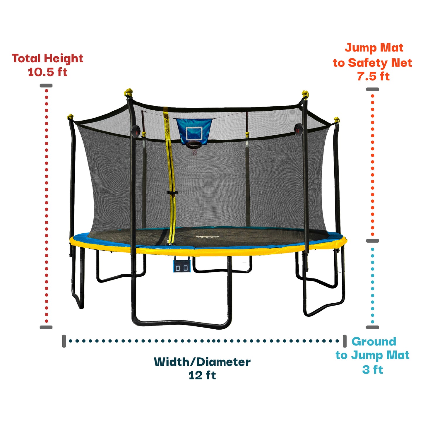 Sportspower Bounce Pro 12ft Multiplay Trampoline & Enclosure with Basketball, Electron Shooter Game, Flash Light Zone Features, Painted Legs & Phone Pouch