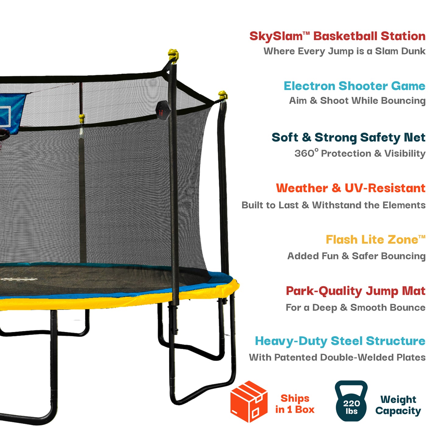 Sportspower Bounce Pro 12ft Multiplay Trampoline & Enclosure with Basketball, Electron Shooter Game, Flash Light Zone Features, Painted Legs & Phone Pouch