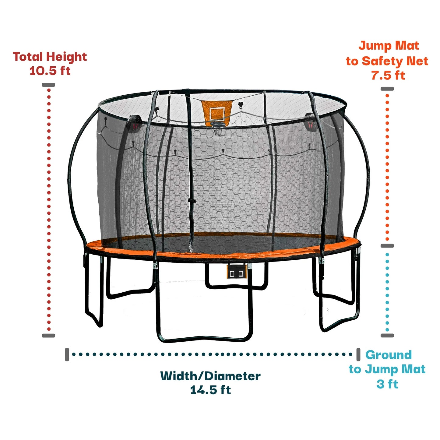 Bounce Pro 14ft Trampoline with SteelFlex Enclosure System, Basketball, Flashlite Zone Game, Electron Shooter, Phone Pouch, 4 socks & Double Net