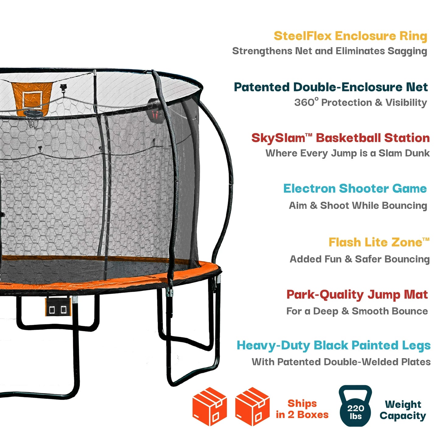 Sportspower Bounce Pro 15ft Trampoline with SteelFlex Enclosure with Fabric Basketball, Phone Pouch, Flashlite Zone game, Electron Shooter, 4 socks & Double Net