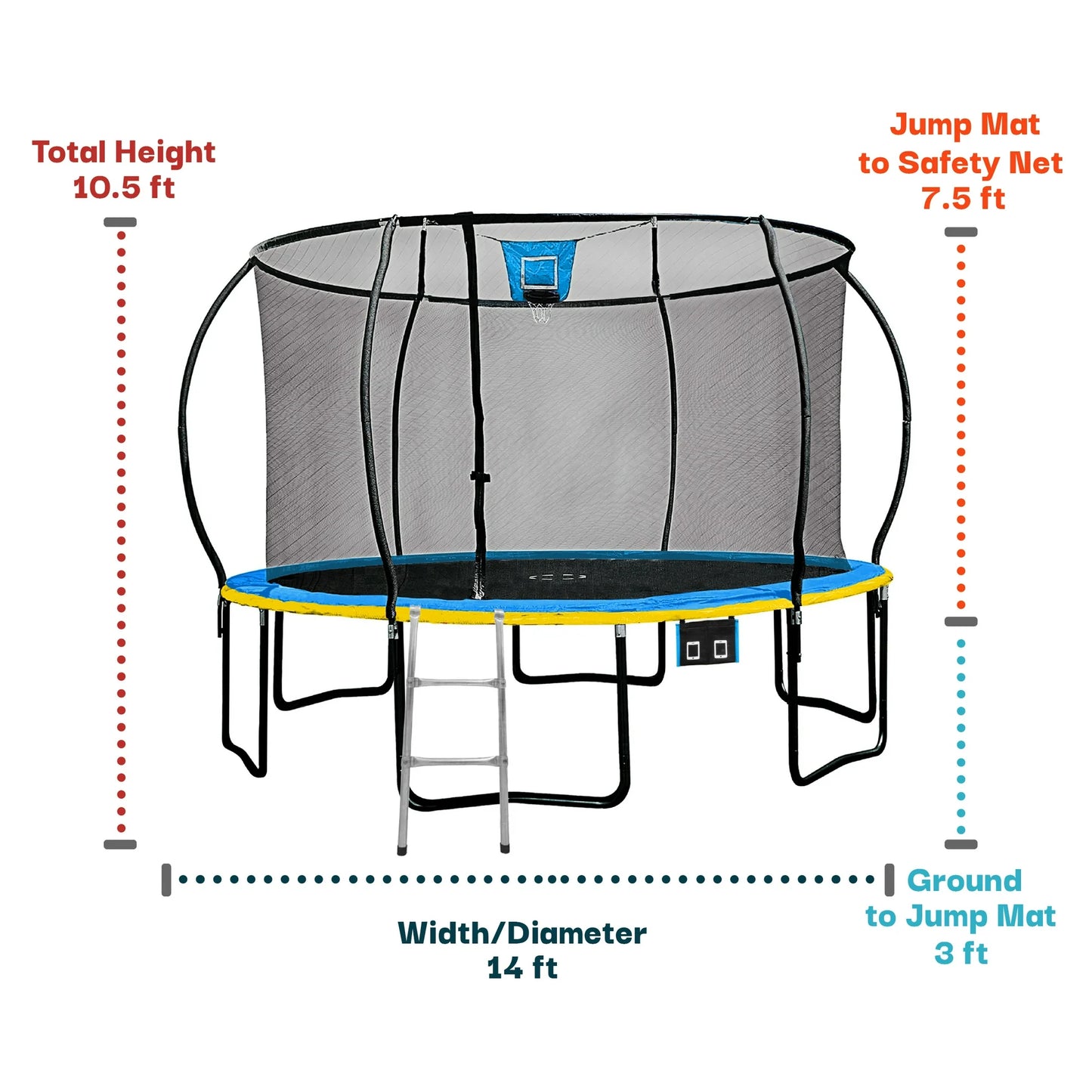 Sportspower Bounce Pro 14ft Trampoline & Enclosure Net w/ Basketball hoop, ball, phone pouch & painted legs