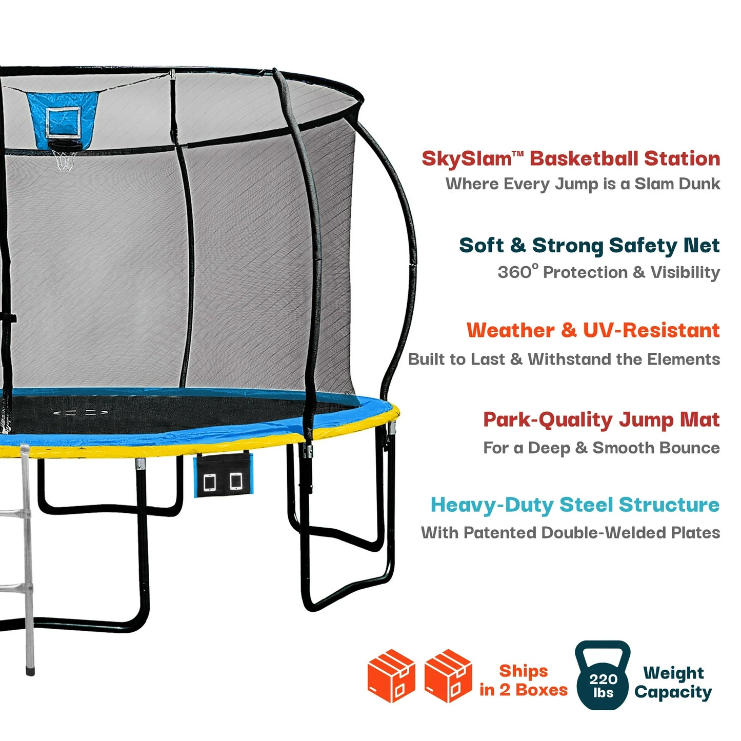 Sportspower Bounce Pro 14ft Trampoline & Enclosure Net w/ Basketball hoop, ball, phone pouch & painted legs
