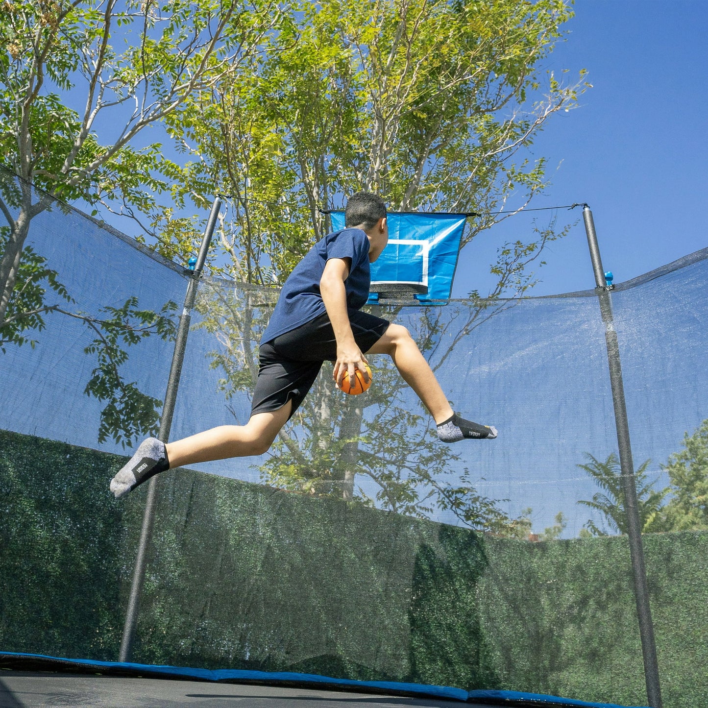 Sportspower Bounce Pro 14ft Trampoline & Enclosure Net w/ Basketball hoop, ball, phone pouch & painted legs