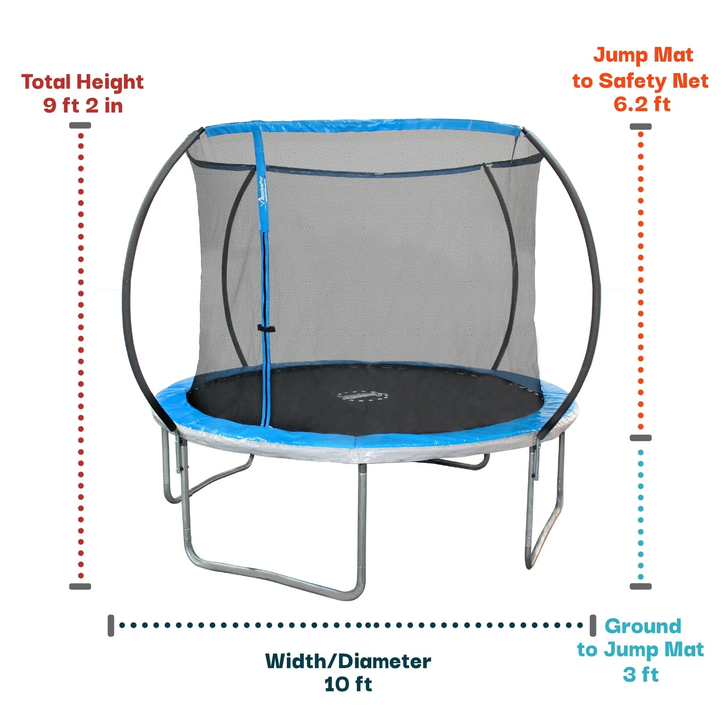 Sportspower Bounce Pro 10’ Round Trampoline with Safety-Enclosure in Blue and Silver