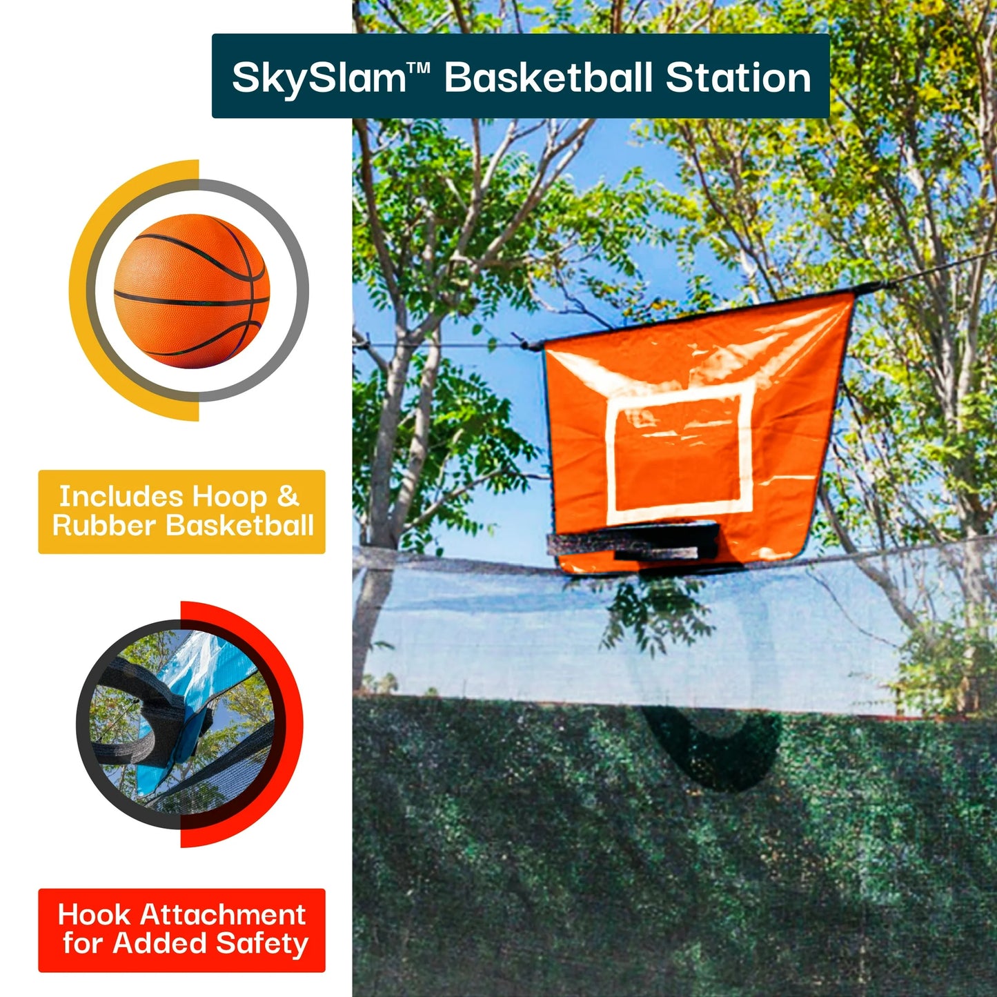 Sportspower Bounce Pro 15ft Trampoline with SteelFlex Enclosure with Fabric Basketball, Phone Pouch, Flashlite Zone game, Electron Shooter, 4 socks & Double Net