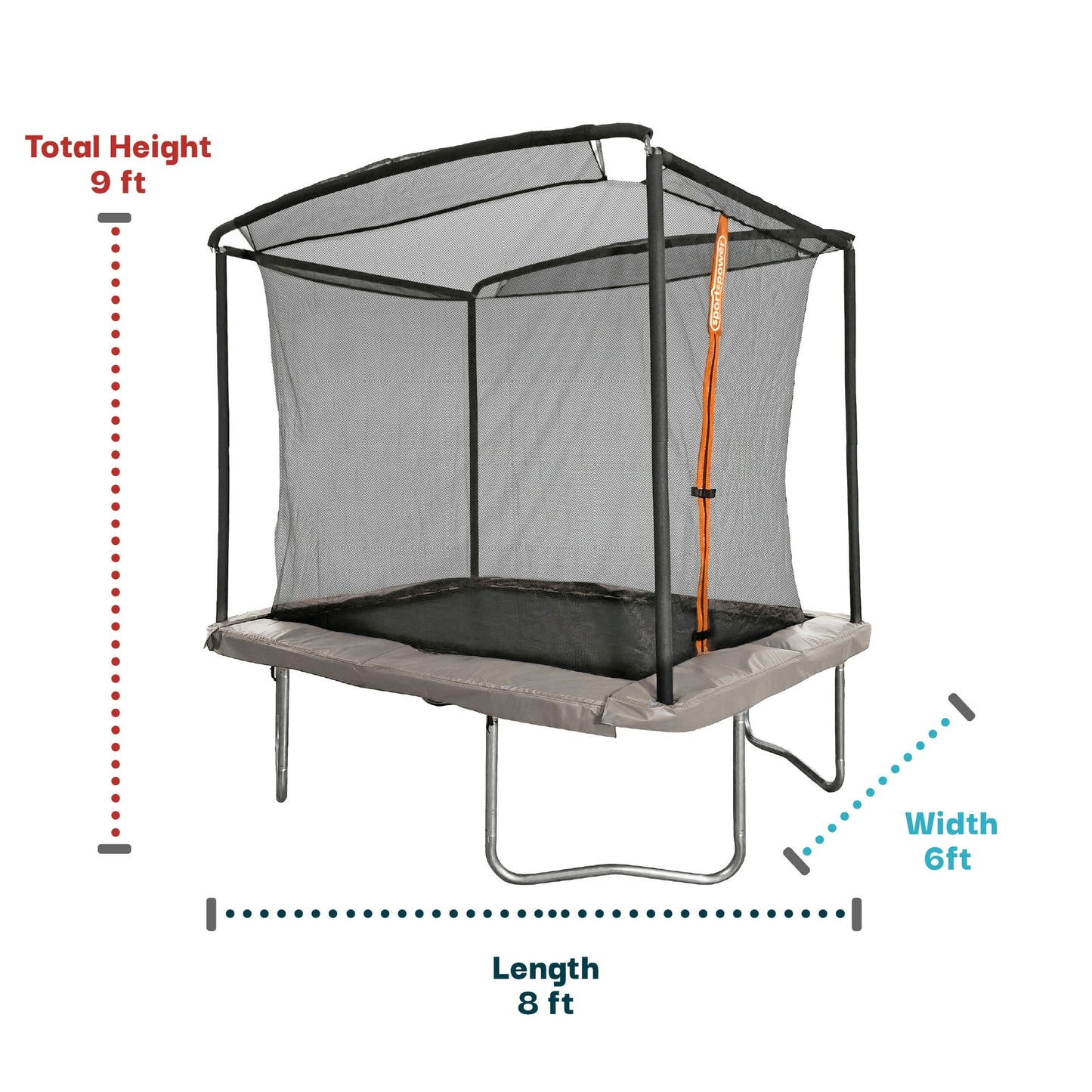 Sportspower Bounce Pro 6x8’ Rectangular Trampoline for Kids 6+ with Safety-Enclosure in Gray and Orange