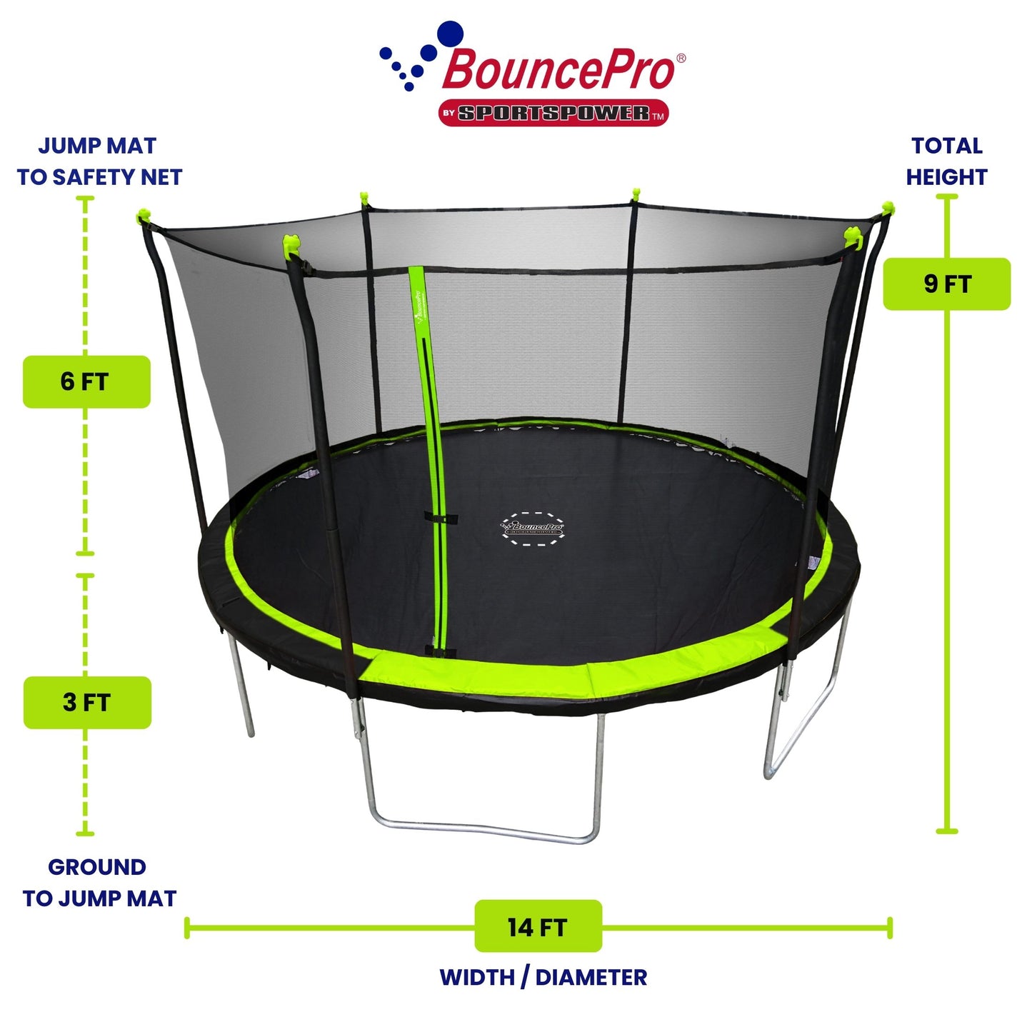 Sportspower Bounce Pro 14' Round Trampoline with Safety Enclosure in Green and Black