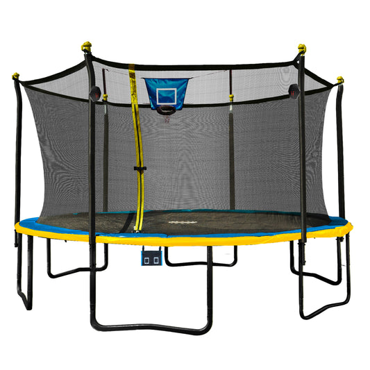 Sportspower Bounce Pro 12ft Multiplay Trampoline & Enclosure with Basketball, Electron Shooter Game, Flash Light Zone Features, Painted Legs & Phone Pouch