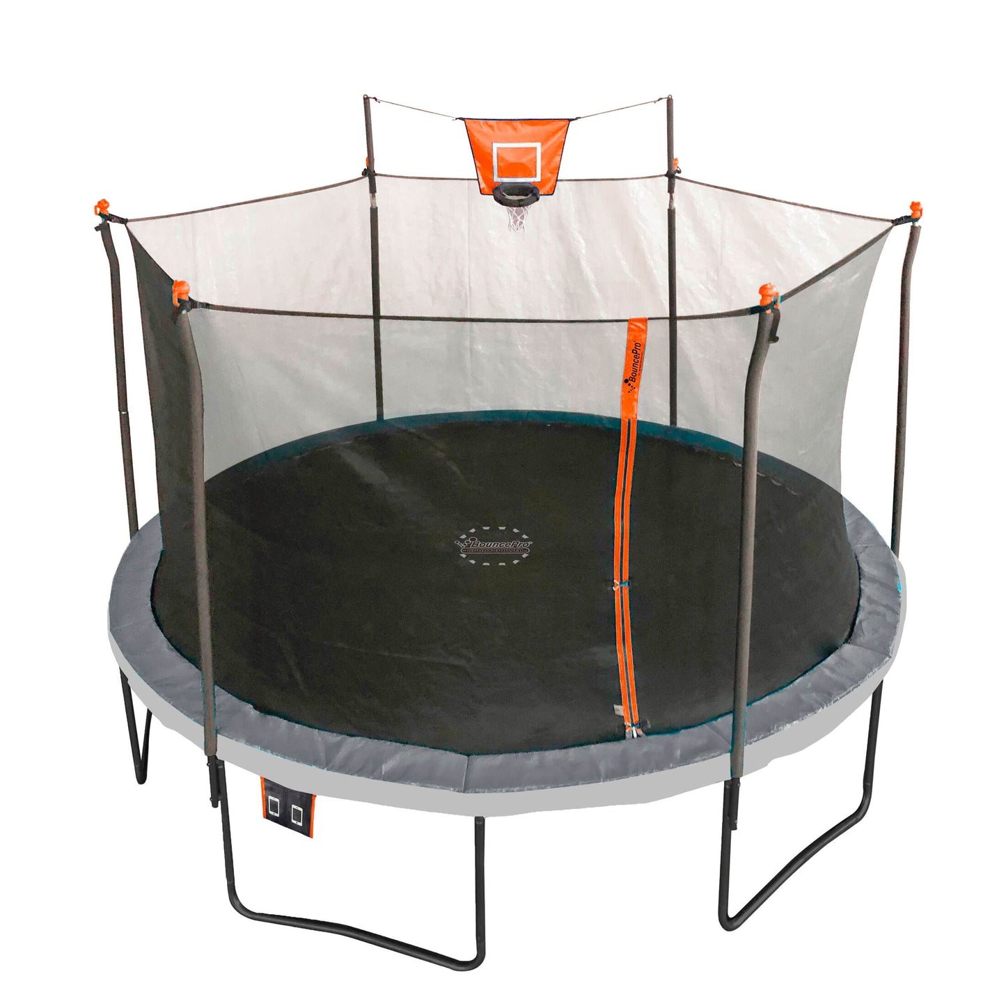 Bounce Pro 14ft Multiplay Trampoline & Enclosure Combo Set with Basketball, Electron Shooter Game, Flash Light Zone Features, Painted Legs & Phone pouch