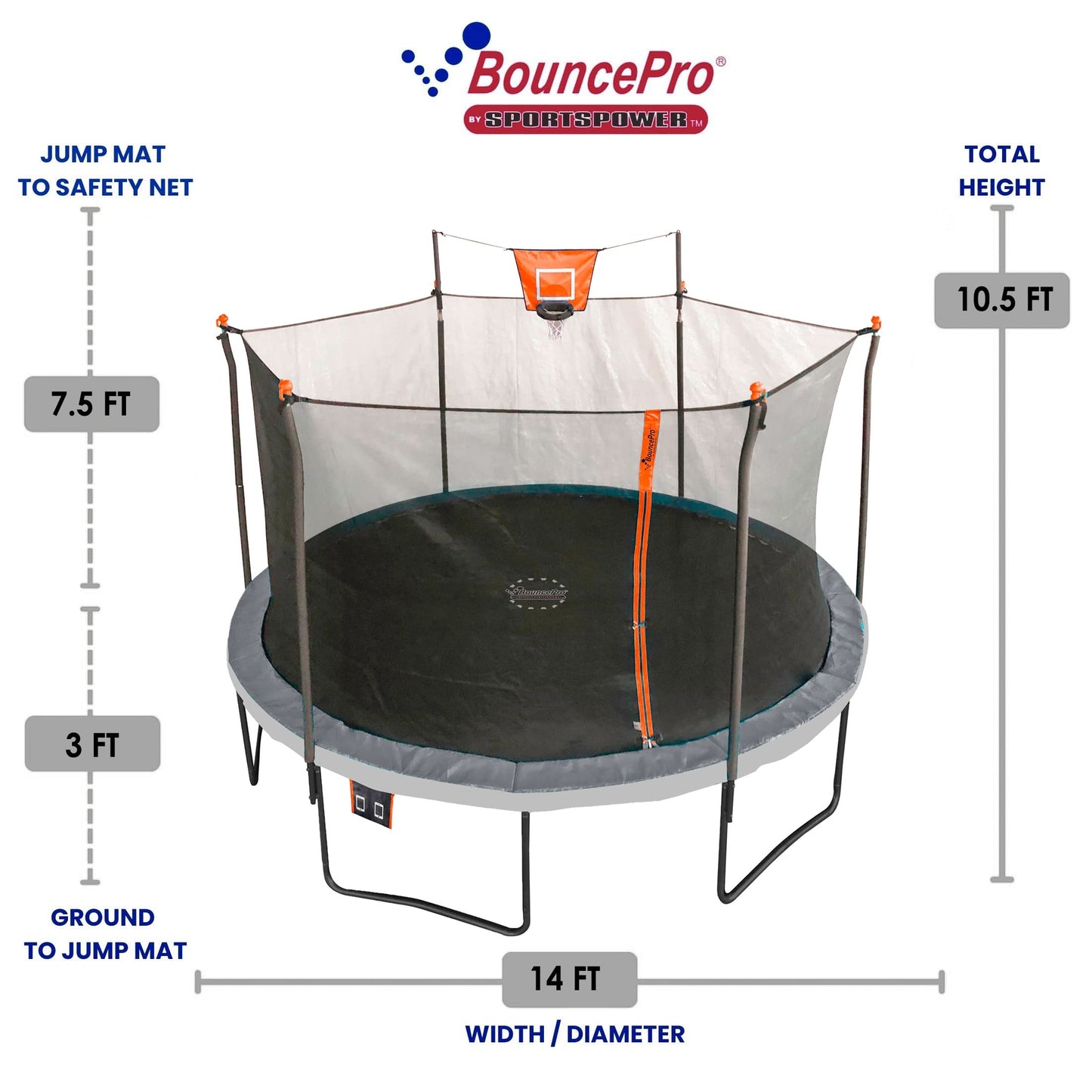Bounce Pro 14ft Multiplay Trampoline & Enclosure Combo Set with Basketball, Electron Shooter Game, Flash Light Zone Features, Painted Legs & Phone pouch