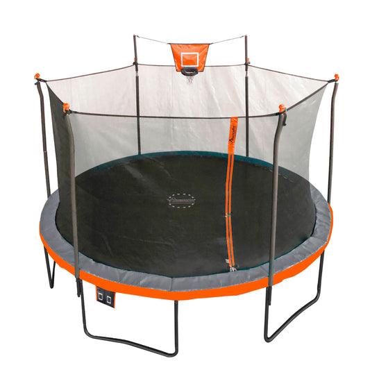 Bounce Pro 15ft Multiplay Trampoline & Enclosure Combo Set with Basketball, ElectronShooter Game, Flash Light Zone, Black Legs & Phone pouch
