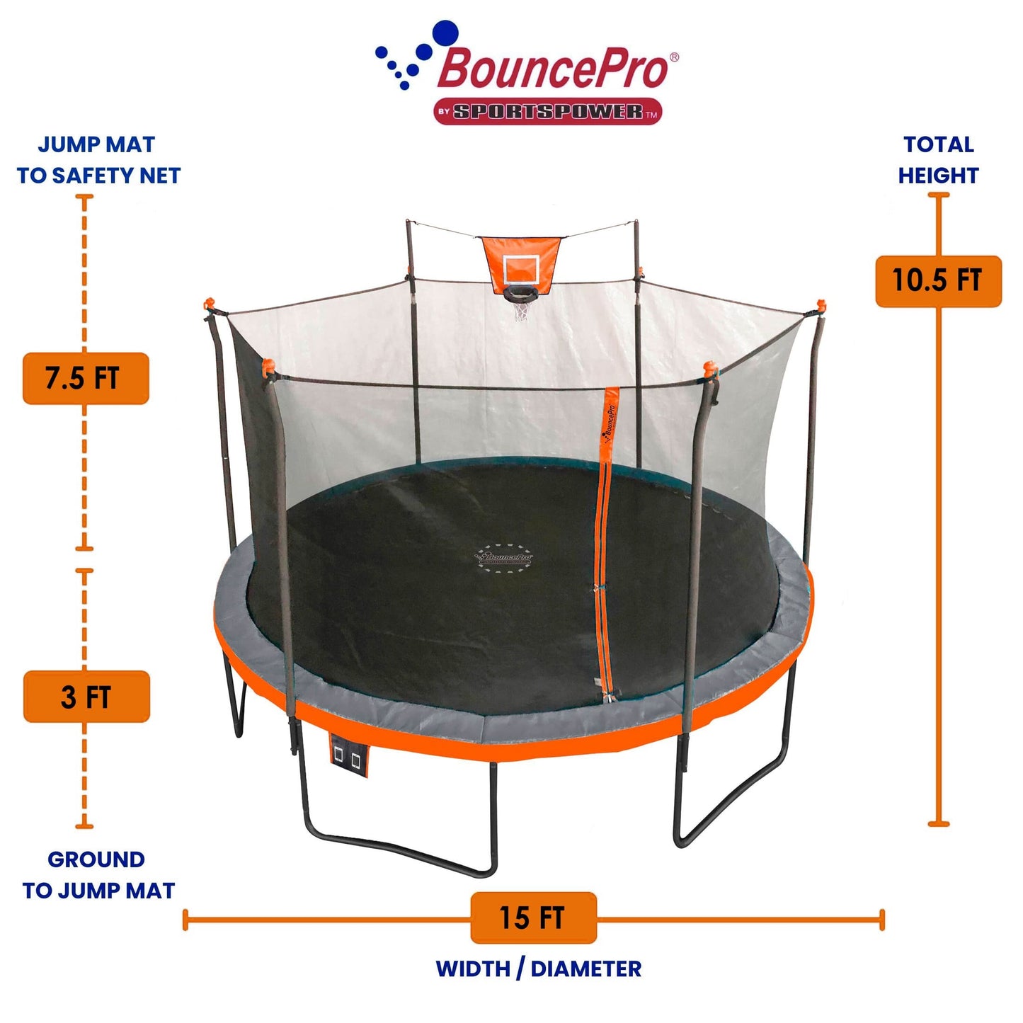 Bounce Pro 15ft Multiplay Trampoline & Enclosure Combo Set with Basketball, ElectronShooter Game, Flash Light Zone, Black Legs & Phone pouch