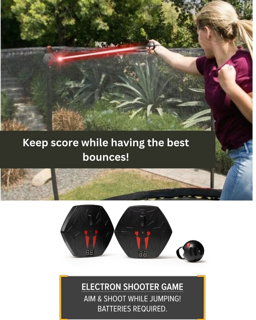 Bounce Pro 15ft Multiplay Trampoline & Enclosure Combo Set with Basketball, ElectronShooter Game, Flash Light Zone, Black Legs & Phone pouch