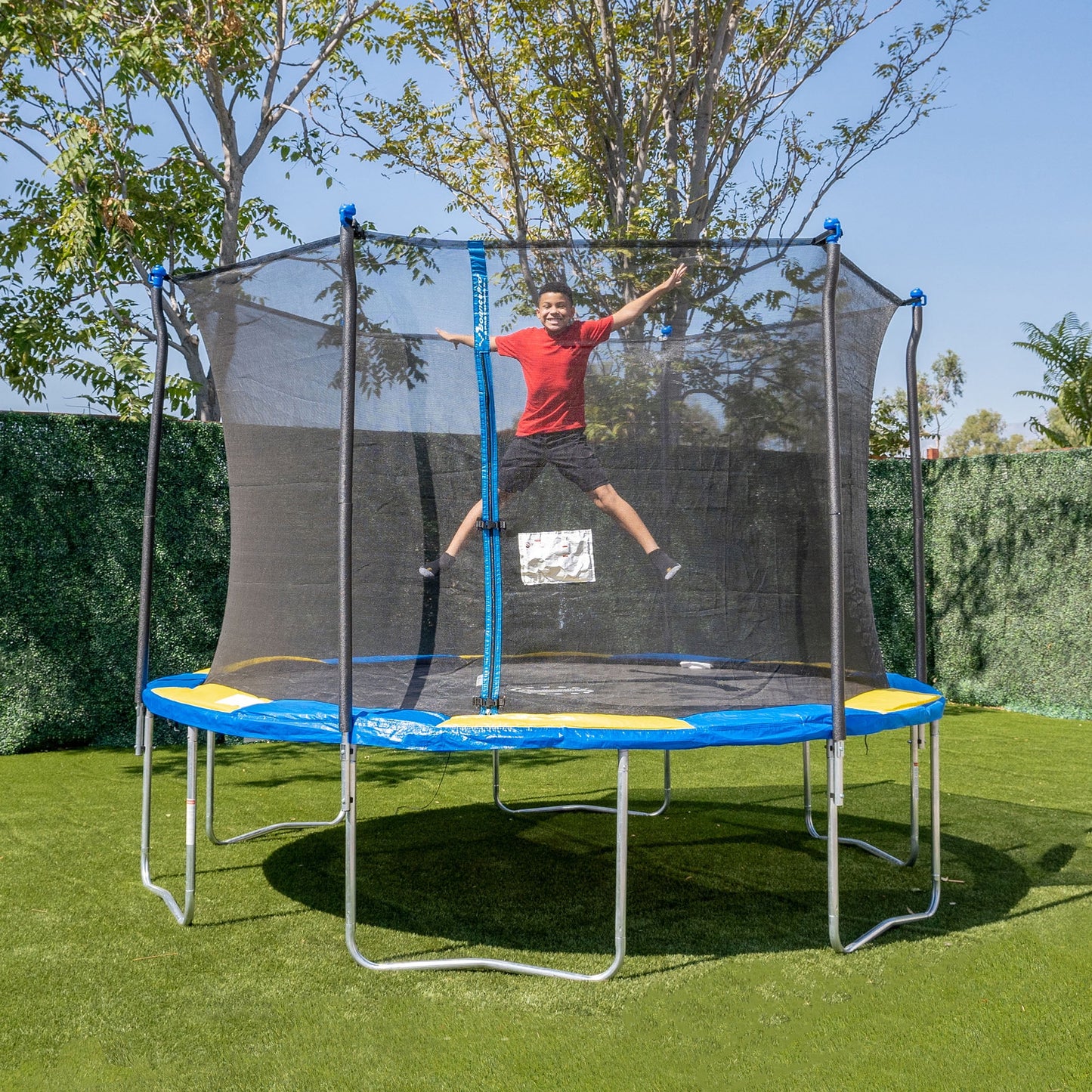 Sportspower Bounce Pro 12' Round Trampoline with Safety-Enclosure in Blue and Yellow