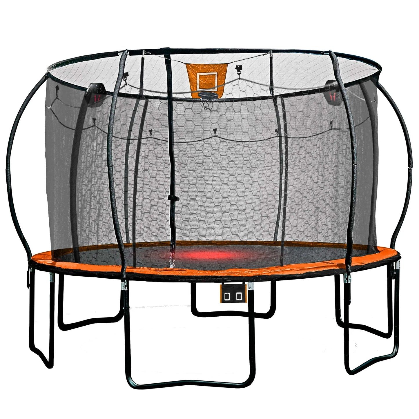 Bounce Pro 14ft Trampoline with SteelFlex Enclosure System, Basketball, Flashlite Zone Game, Electron Shooter, Phone Pouch, 4 socks & Double Net
